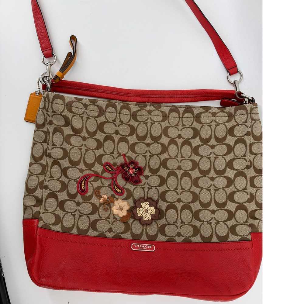 Coach Signature Monogram Canvas Floral Applique Crossbody Bag Red Leather Trim